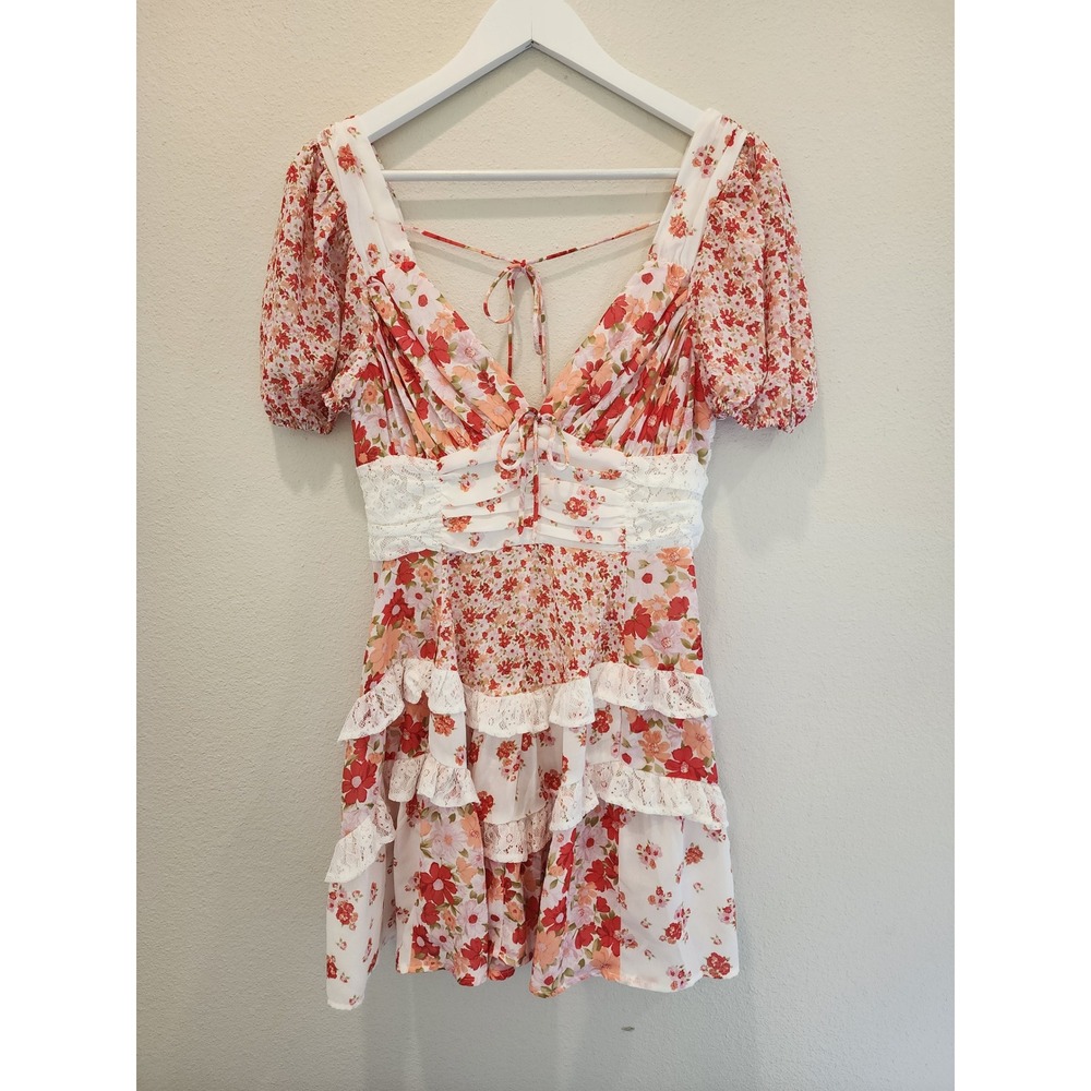 Altar'd State Floral Patchwork Lace Ruffle Mini Dress Small Puff Sleeve‎
